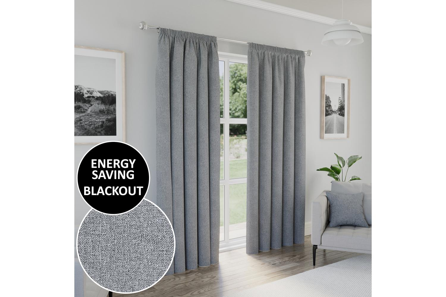 Grey Plain Tape Top Dallas Pair Of Blackout Thermal Noise Reducing Curtains 117x183cm