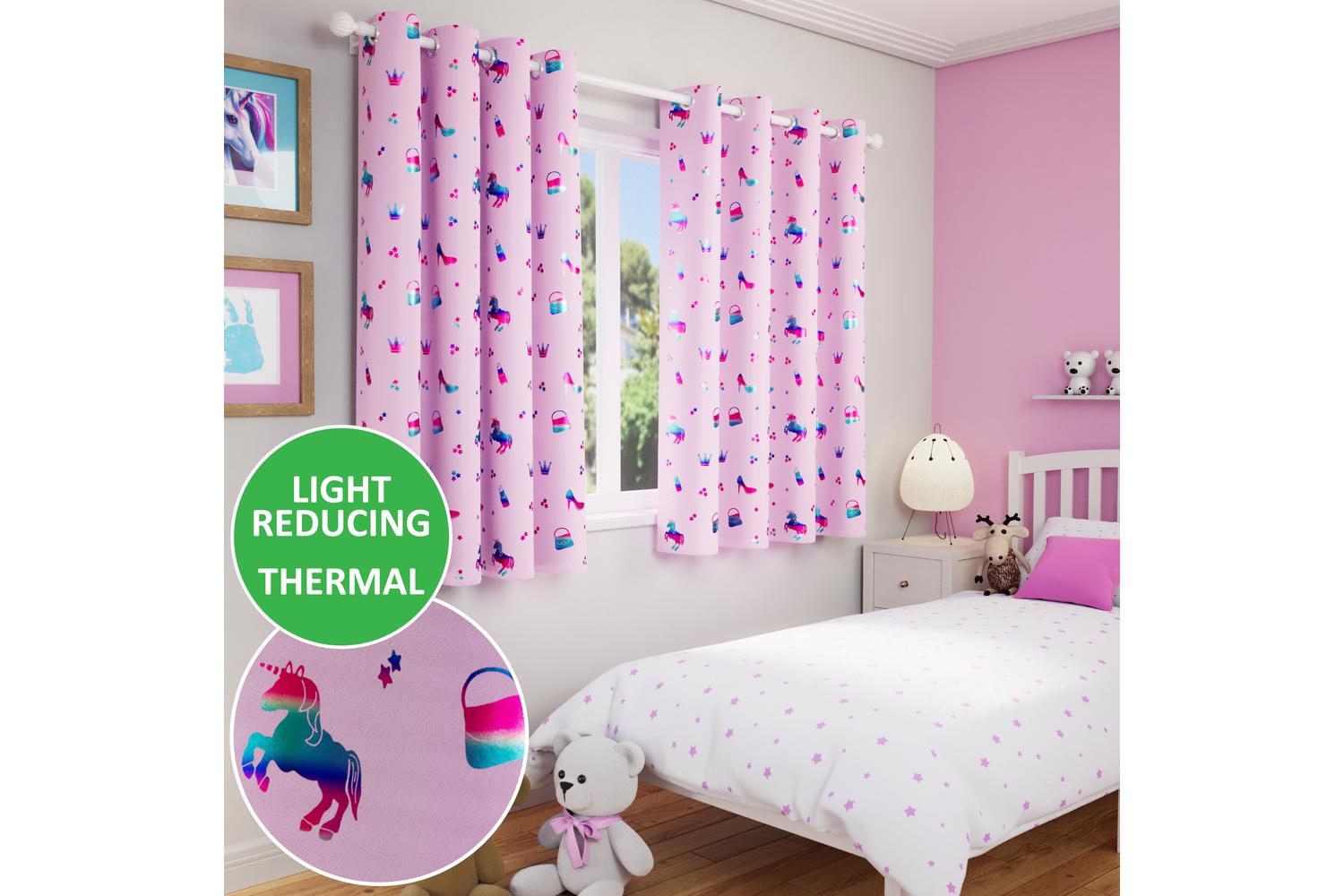 Pink Metallic Eyelet Charm Pair Of Room Darkening Thermal Noise Reducing Childrens Curtains 117x137cm