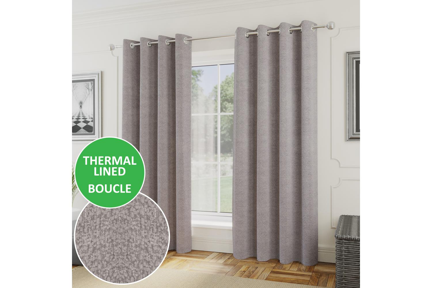 Grey Eyelet Royale Boucle Pair Of Room Darkening Thermal Noise Reducing Curtains 168x229cm