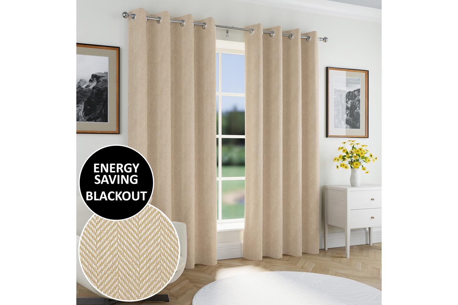 Natural Eyelet Chester Pair Of Herringbone Jacquard Thermal Noise Reducing Blackout Curtains 229x229cm