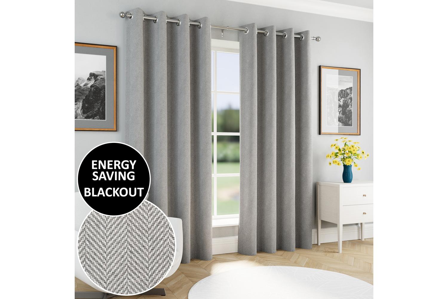 Grey Eyelet Chester Pair Of Herringbone Jacquard Thermal Noise Reducing Blackout Curtains 117x183cm