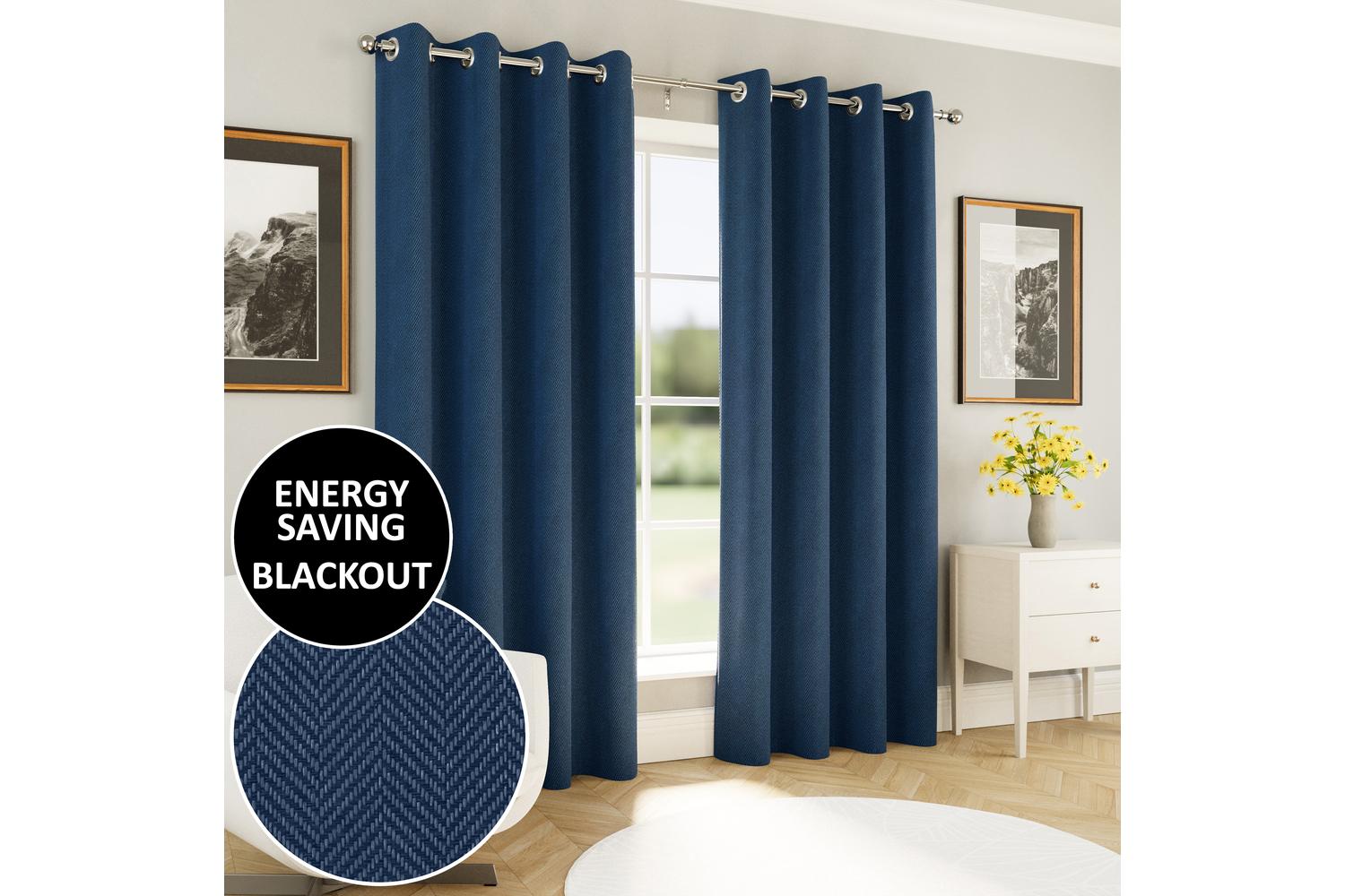 Navy Eyelet Chester Pair Of Herringbone Jacquard Thermal Noise Reducing Blackout Curtains 229x229cm