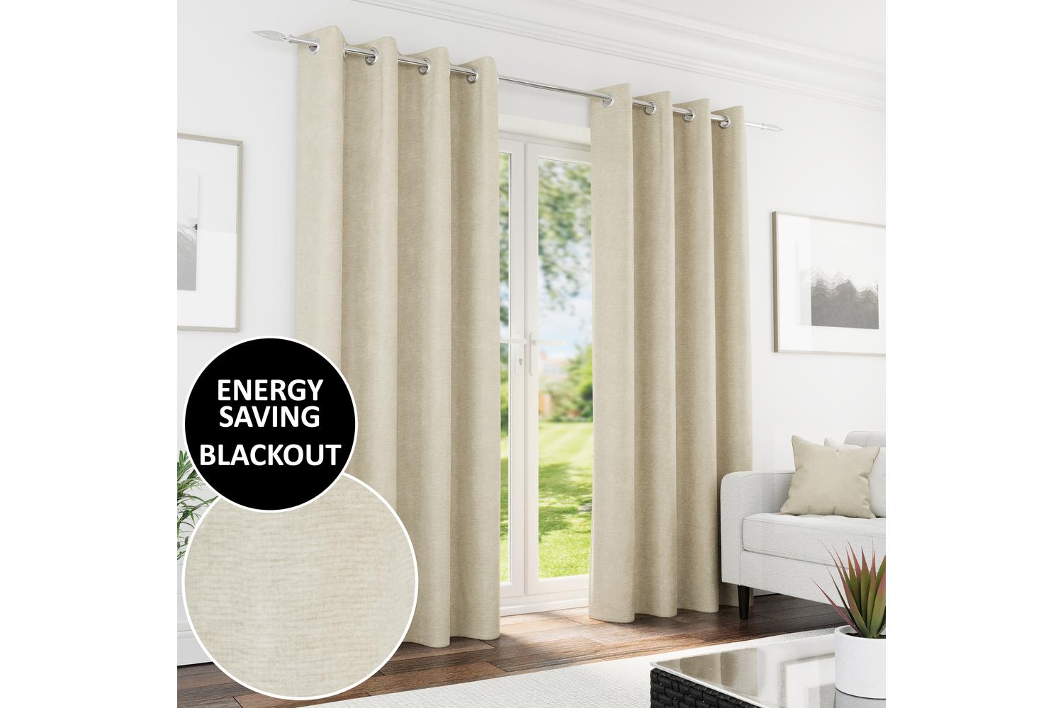 Cream Eyelet Knightsbridge Pair Of Chenille Thermal Noise Reducing Blackout Curtains 229x274cm