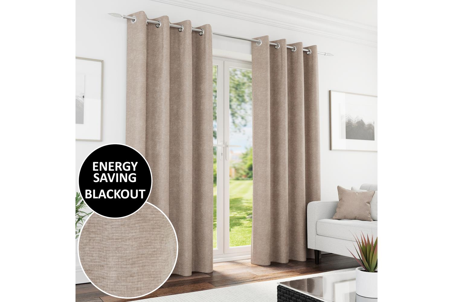 Sand Eyelet Knightsbridge Pair Of Chenille Thermal Noise Reducing Blackout Curtains 117x183cm