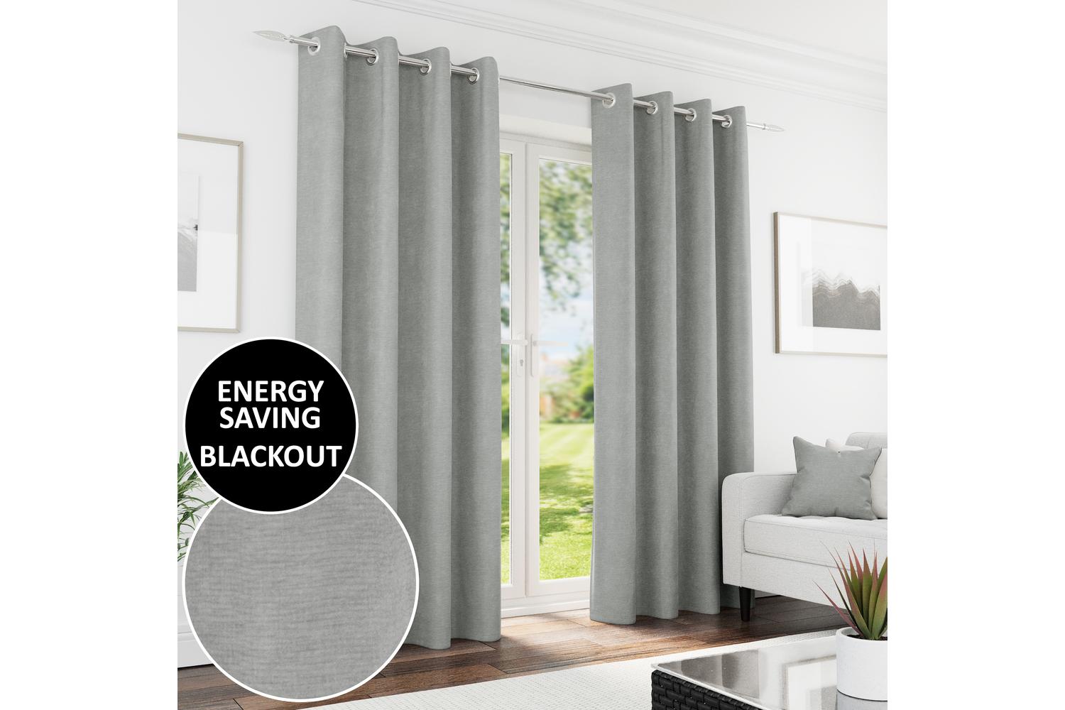 Grey Eyelet Knightsbridge Pair Of Chenille Thermal Noise Reducing Blackout Curtains 229x229cm