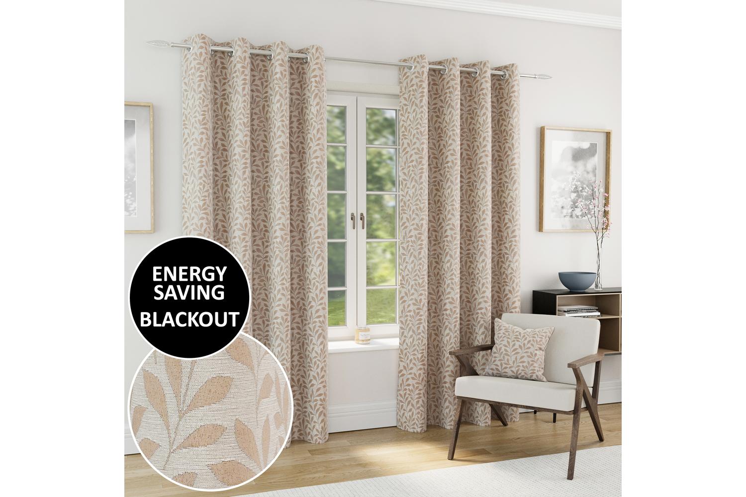Natural Eyelet Sherwood Pair Of Jacquard Leaf Design Thermal Noise Reducing Blackout Curtains 117x137cm