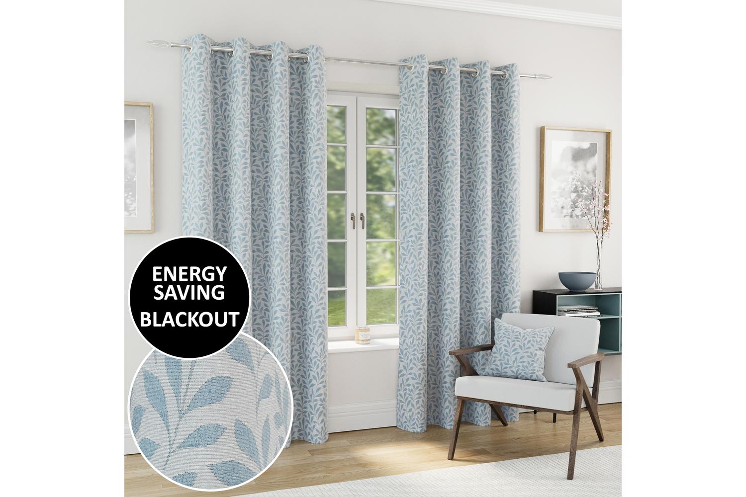 Ice Blue Eyelet Sherwood Pair Of Jacquard Leaf Design Thermal Noise Reducing Blackout Curtains 168x183cm
