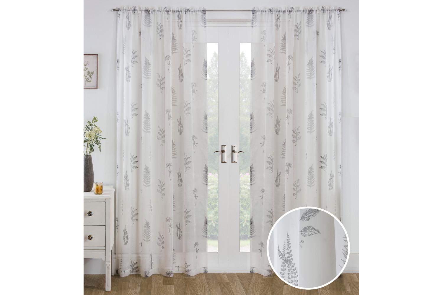 Grey Rod Pocket Bracken Pair Of Wild Leaf Print Linen Look Voile Panels 140x122cm