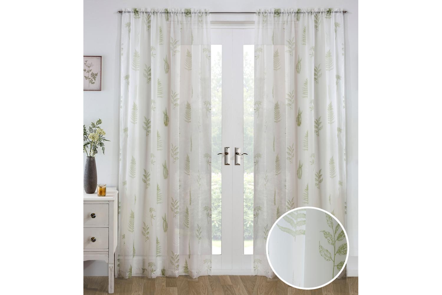 Green Rod Pocket Bracken Pair Of Wild Leaf Print Linen Look Voile Panels 140x229cm