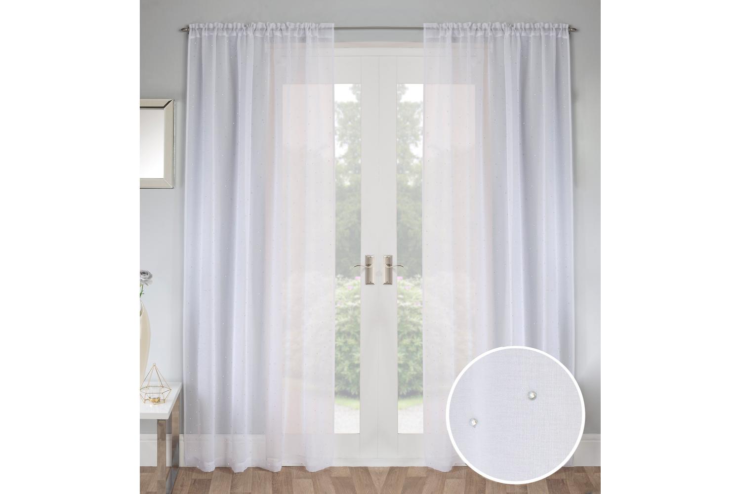 White Rod Pocket Jewel Pair Of Diamante Embellished Linen Look Voile Panels 140x137cm