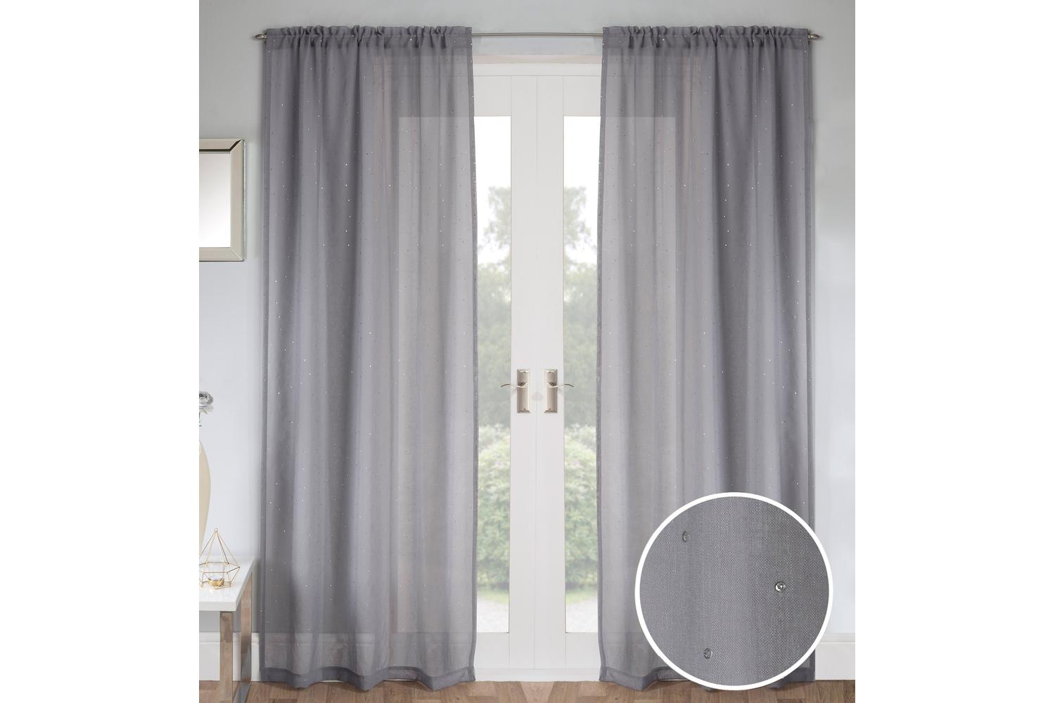 Grey Rod Pocket Jewel Pair Of Diamante Embellished Linen Look Voile Panels 140x183cm
