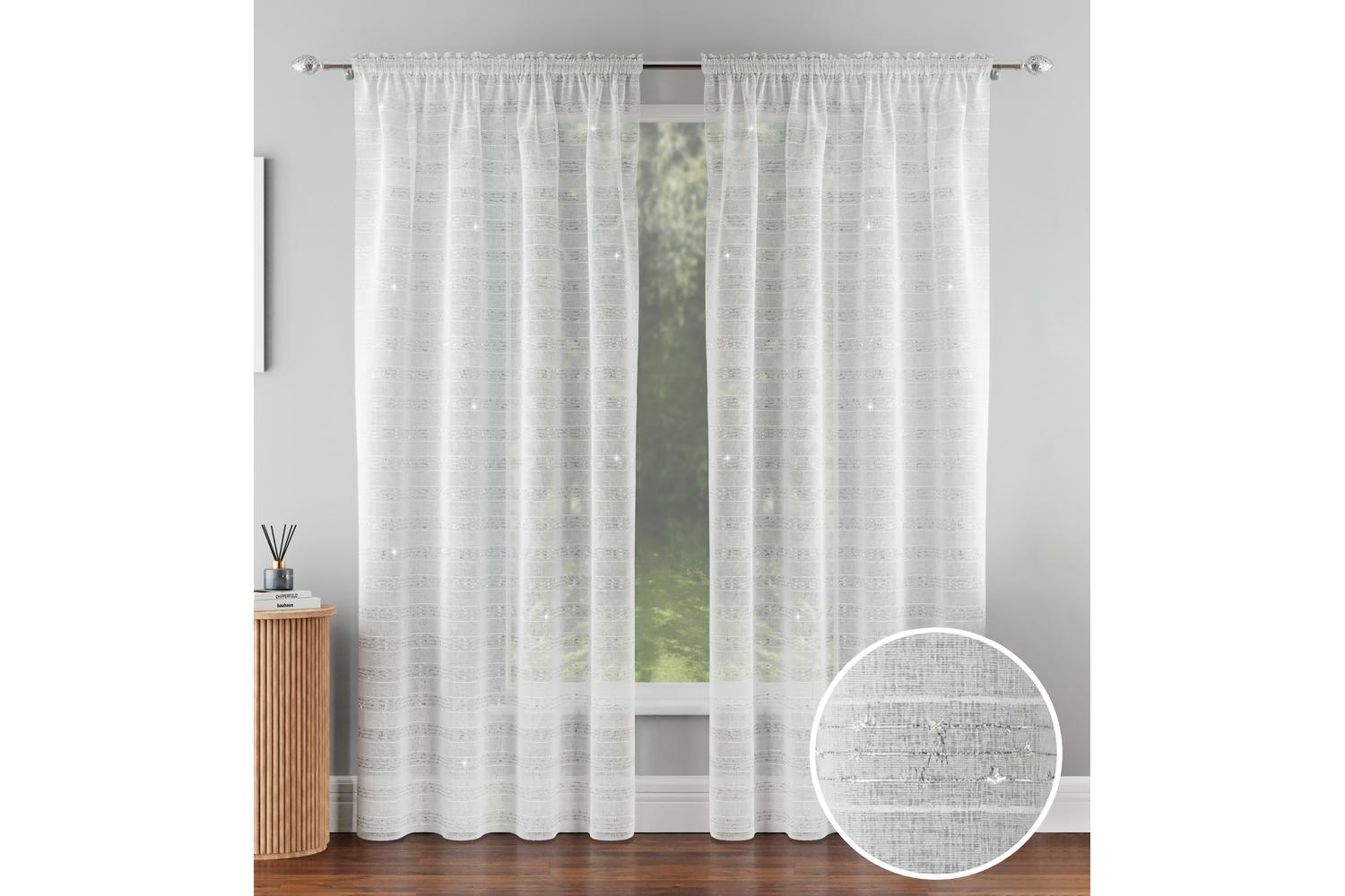 Silver Rod Pocket Lima Pair Of Metallic Lurex Striped Linen Look Voile Panels 140x229cm