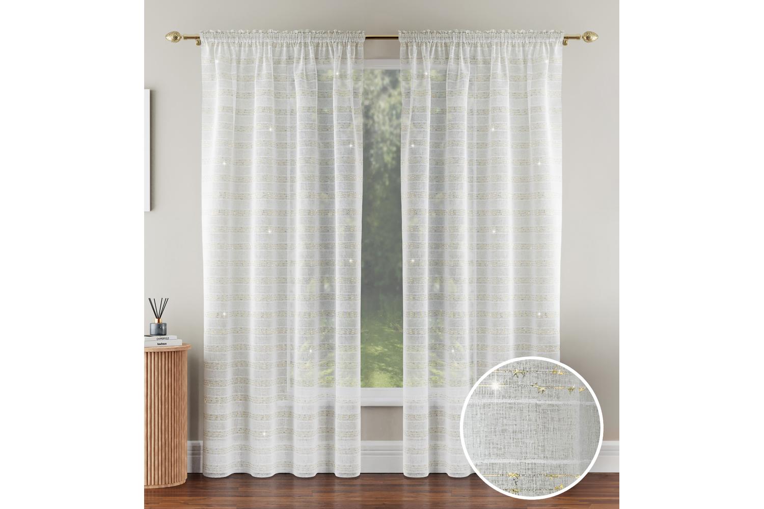 Gold Rod Pocket Lima Pair Of Metallic Lurex Striped Linen Look Voile Panels 140x229cm