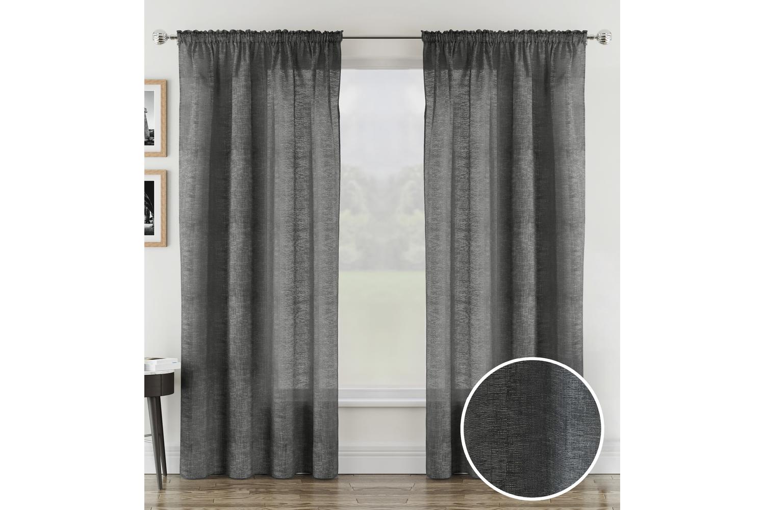 Charcoal Rod Pocket Rhodes Pair Of Linen Look Voile Panels 140x183cm