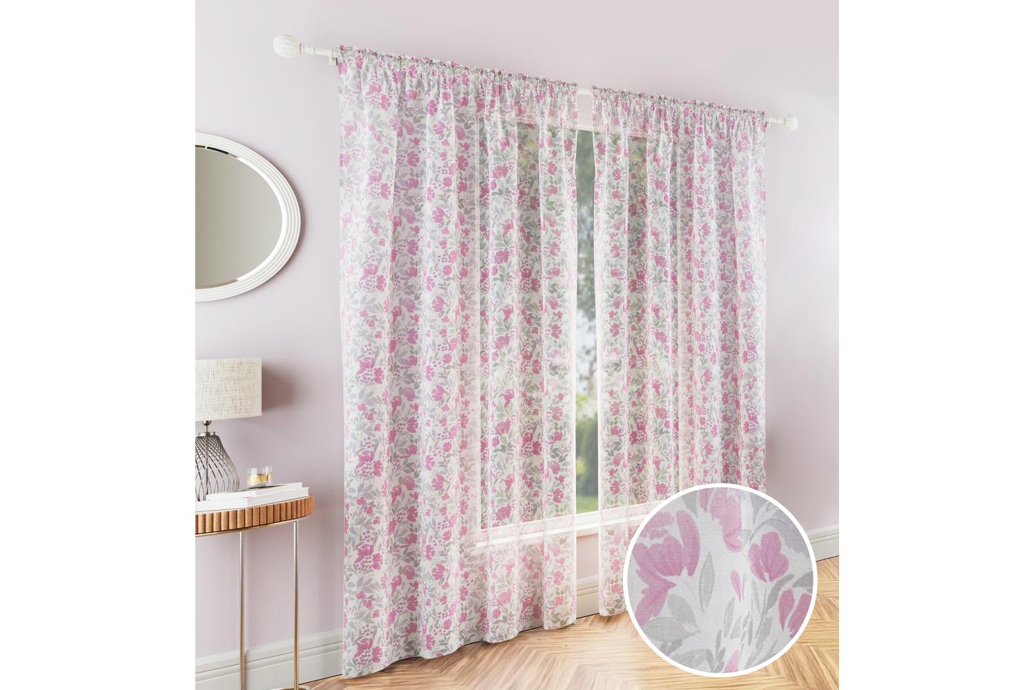 Pink Rod Pocket Mia Pair Of Floral Print Linen Look Voile Panels 140x122cm