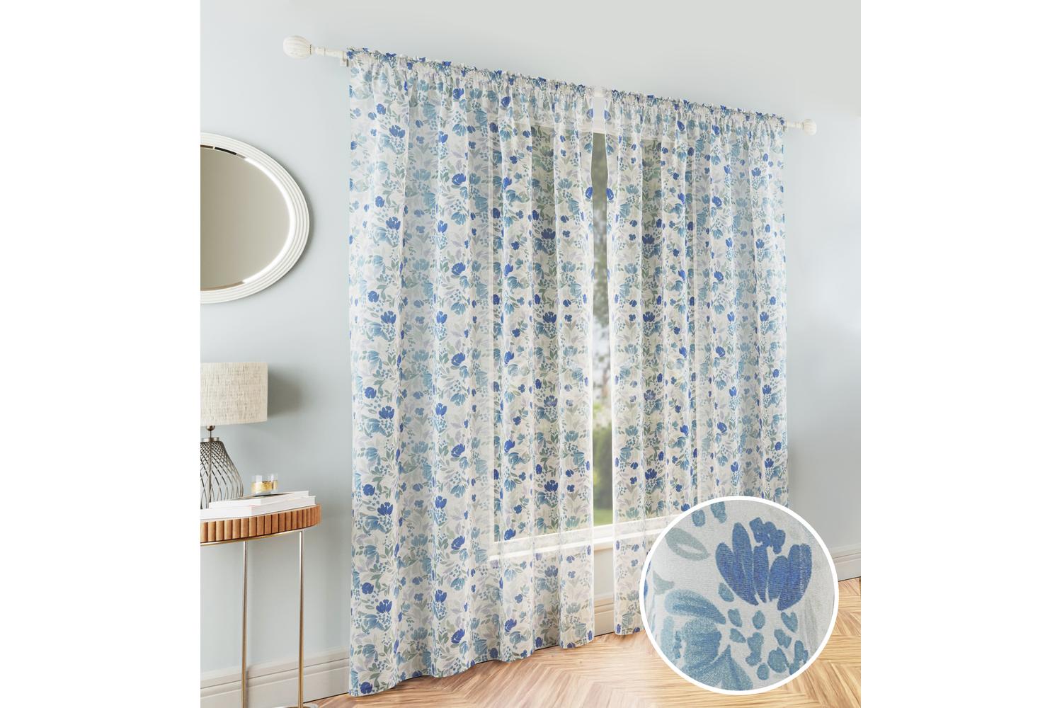 Blue Rod Pocket Mia Pair Of Floral Print Linen Look Voile Panels 140x229cm