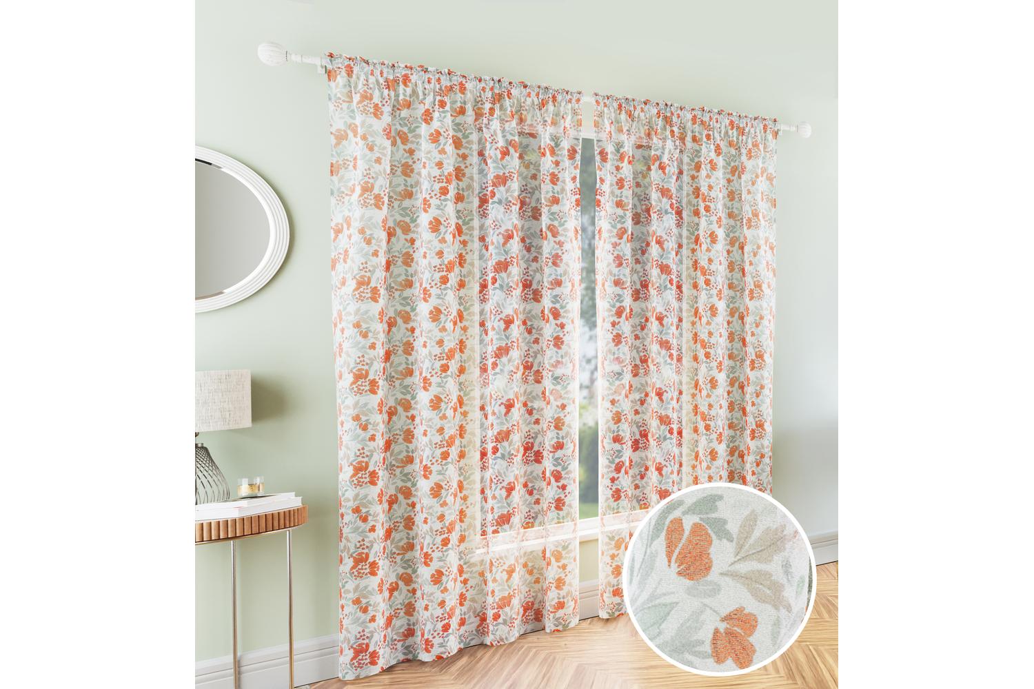 Burnt Orange Rod Pocket Mia Pair Of Floral Print Linen Look Voile Panels 140x229cm