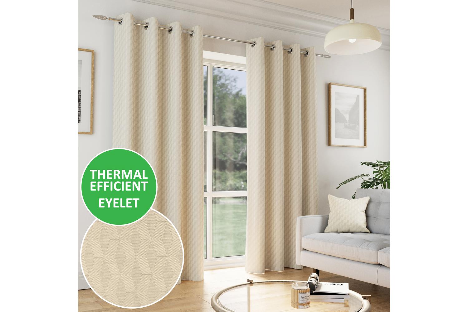 Cream Eyelet Tokyo Pair Of Velvet Embossed Thermal Noise Reducing Room Darkening Curtains 168x183cm