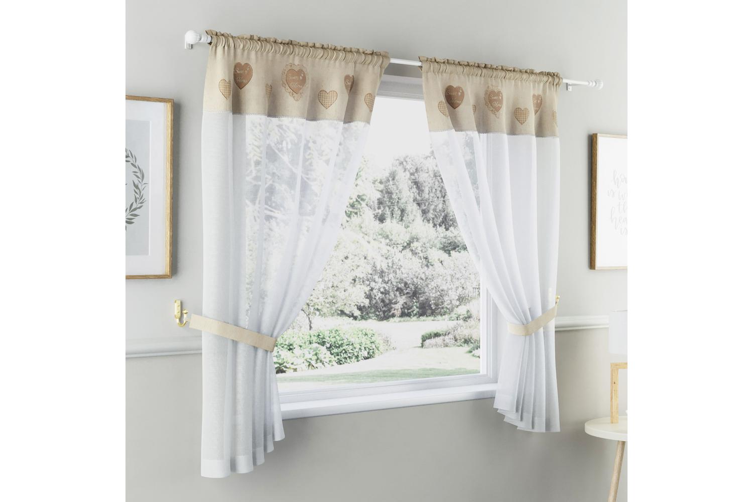 Natural Sweetheart Embroidered Heart Design Kitchen Window Set With Matching Tie Backs 249x107cm
