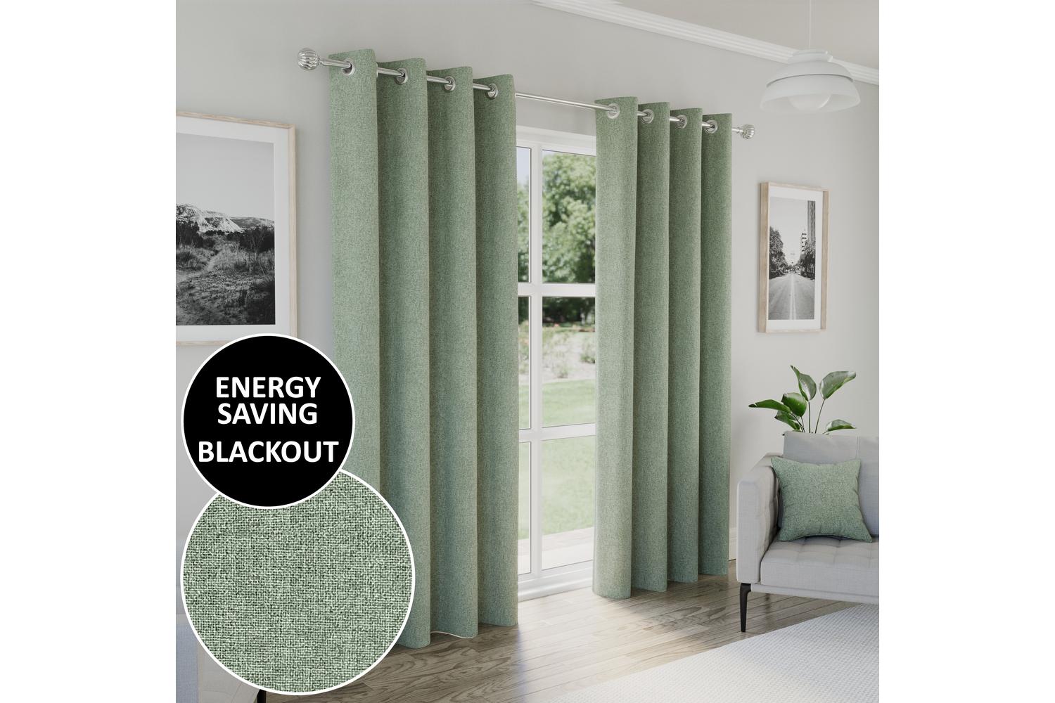 Green Plain Tape Top Dallas Pair Of Blackout Thermal Noise Reducing Curtains 117x137cm