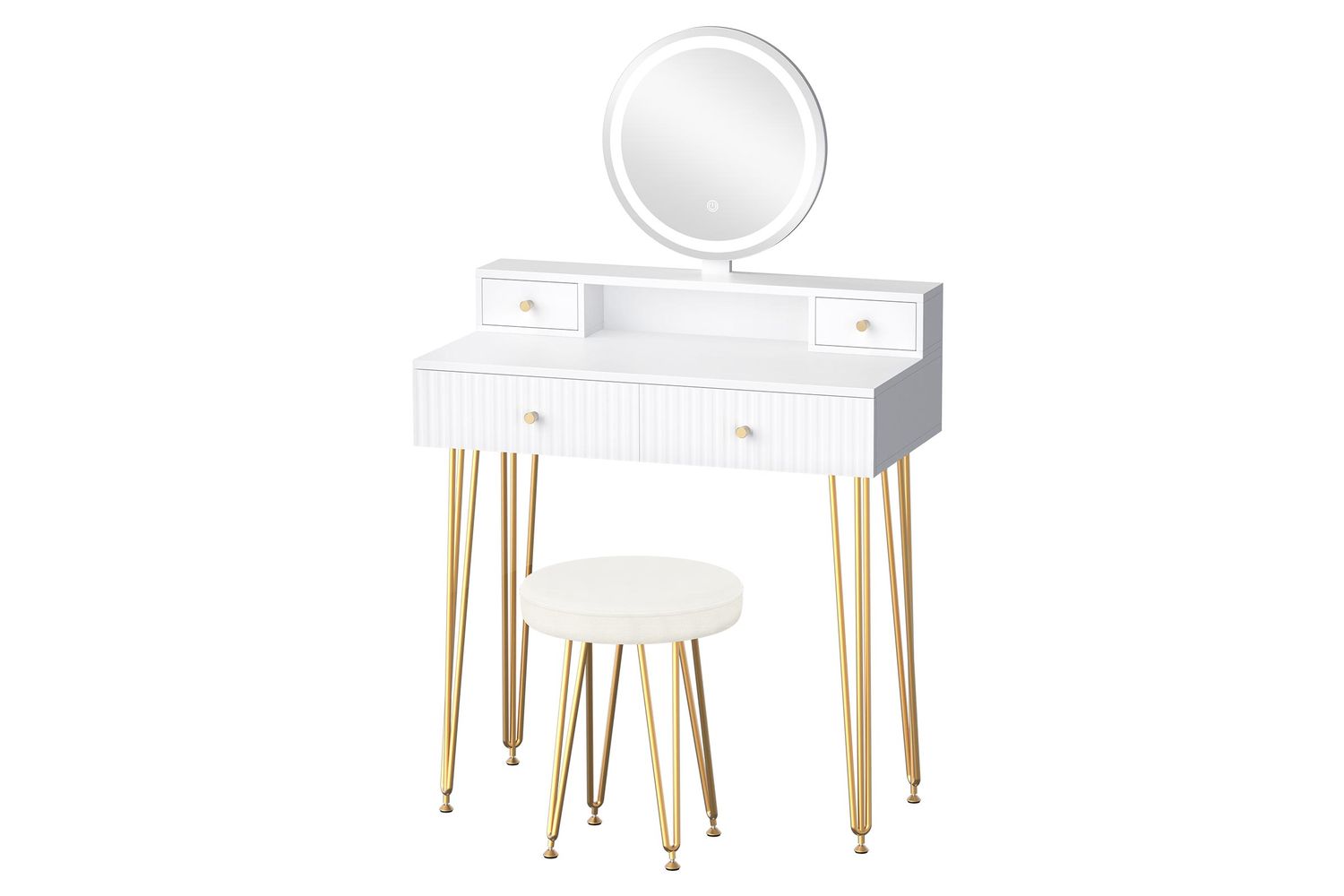 Alfordson Modern Led Vanity Desk Set | White Gold | Mirror Drawers | Matching Stool | Space-saving Dressing Table