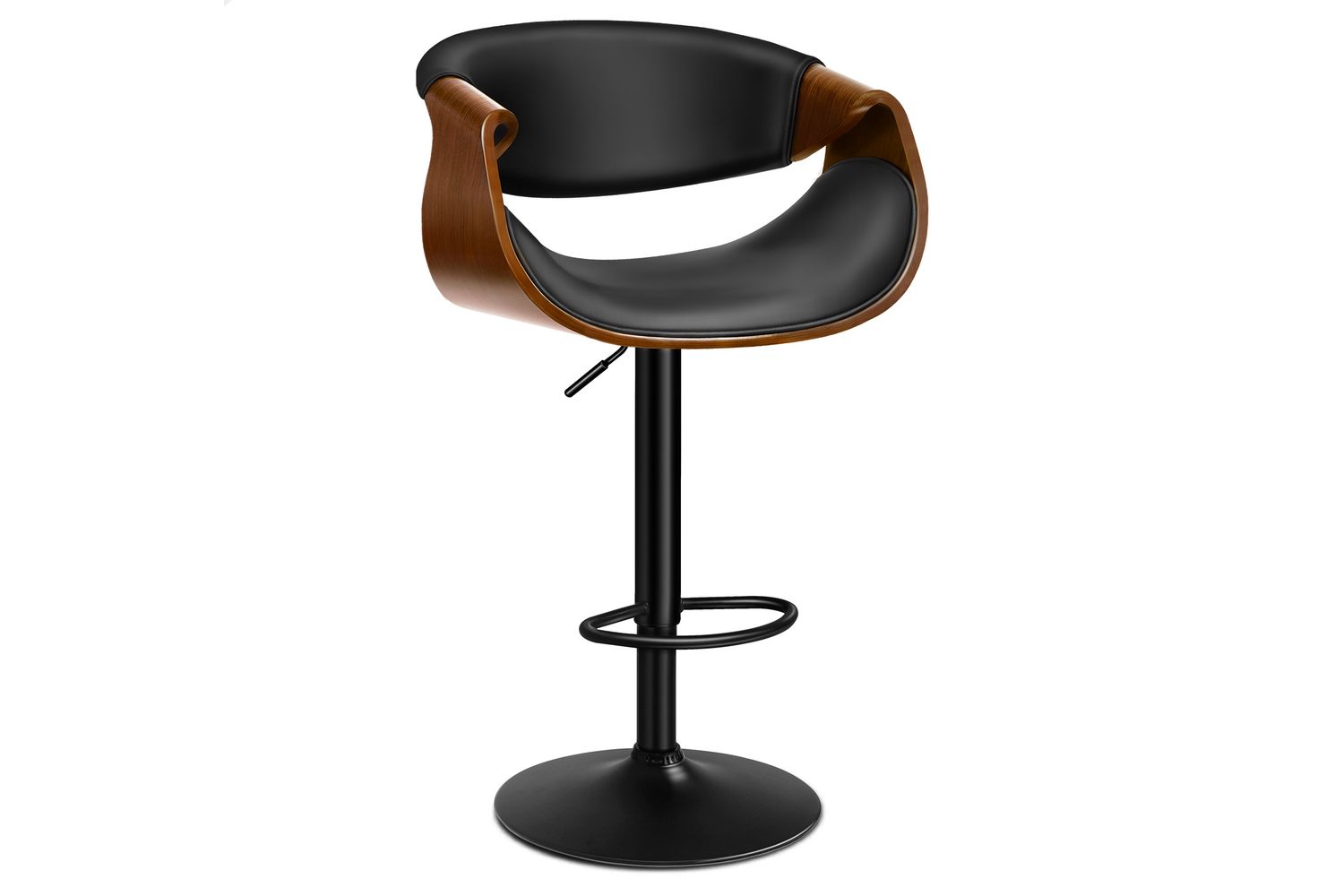Alfordson Heavy-duty Adjustable Bar Stool | Swivel Bistro Chair | Wooden Backrest | Faux Leather Black