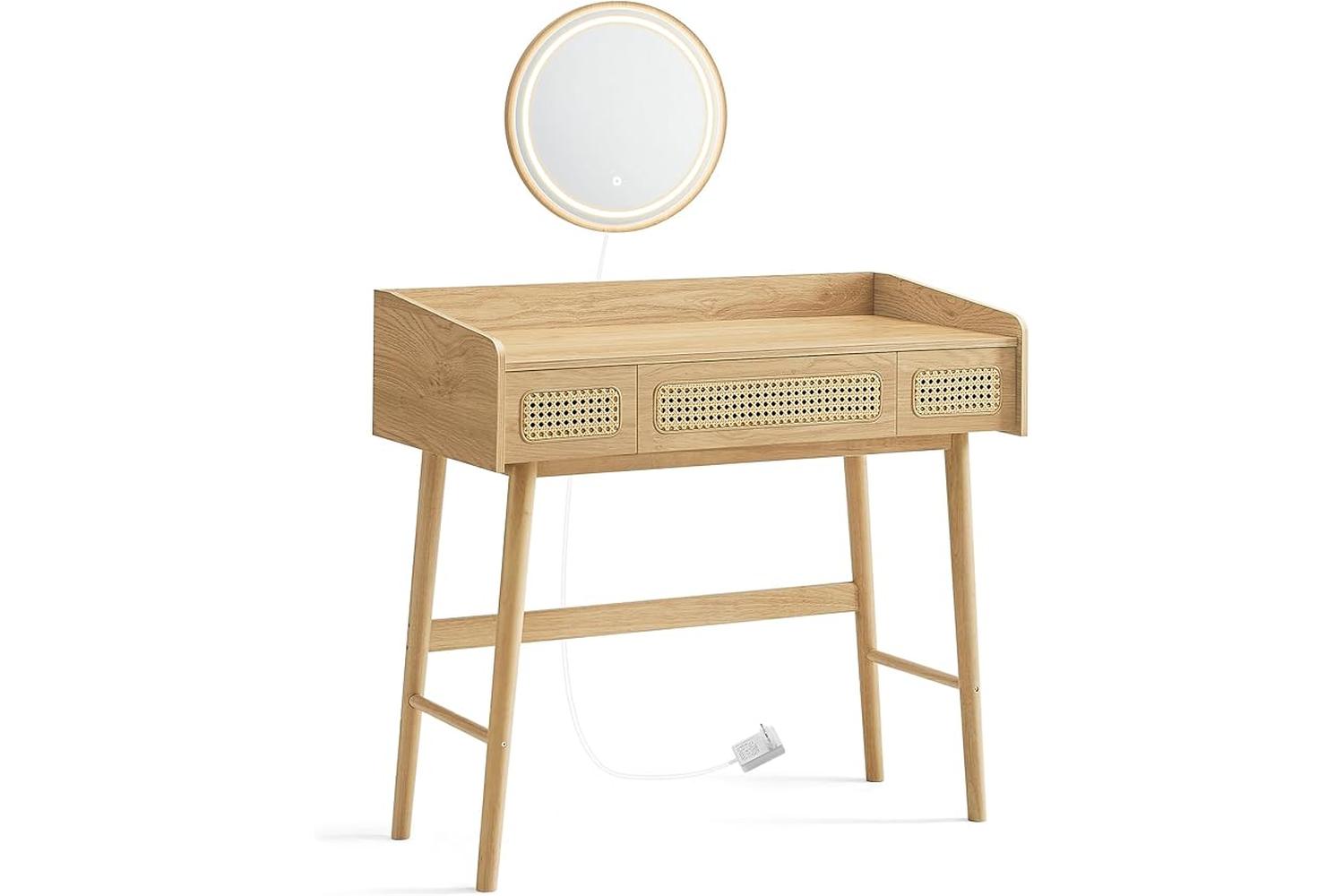 Songmics Home Dressing Table | Vanity Table With Mirror And Light | Oak Beige | 90cm