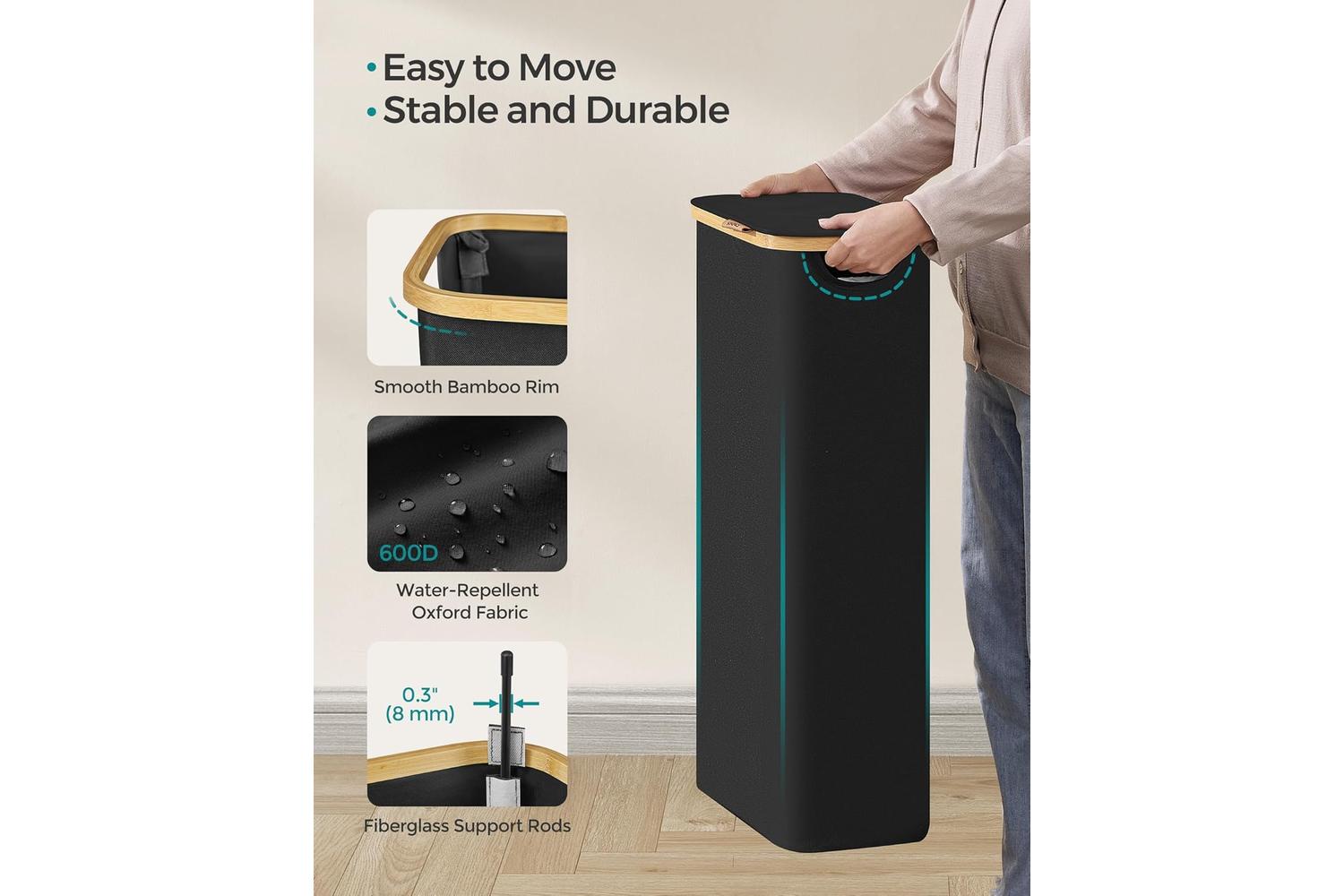 Laundry Hamper | Laundry Basket | Oxford Fabric & Bamboo | 42 X 22.5 X 70.5 Cm