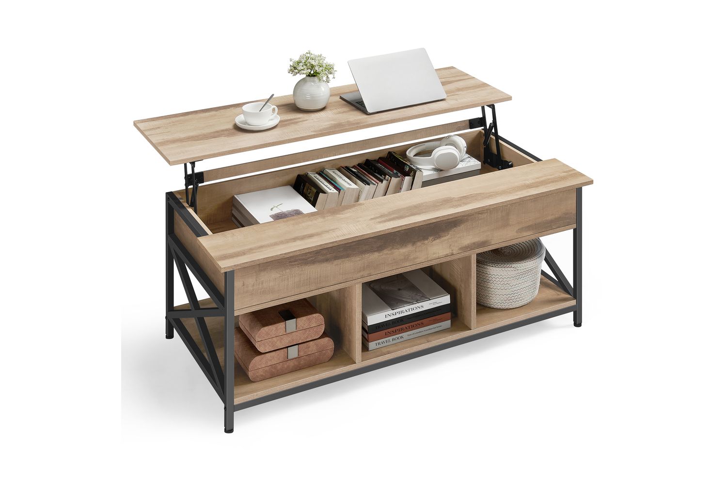 Vasagle Coffee Table | Steel & Particleboard | Camel Brown & Black | 120 X 60 X 48-62 Cm