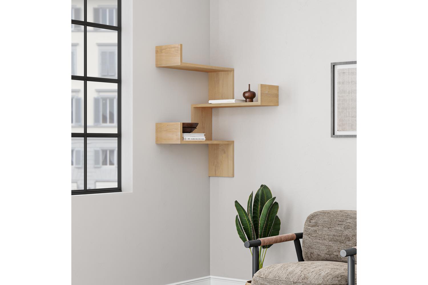 Decortie Luksa Corner Wall Shelf Bookcase | Zigzag Design | Oak | 90x60x22cm
