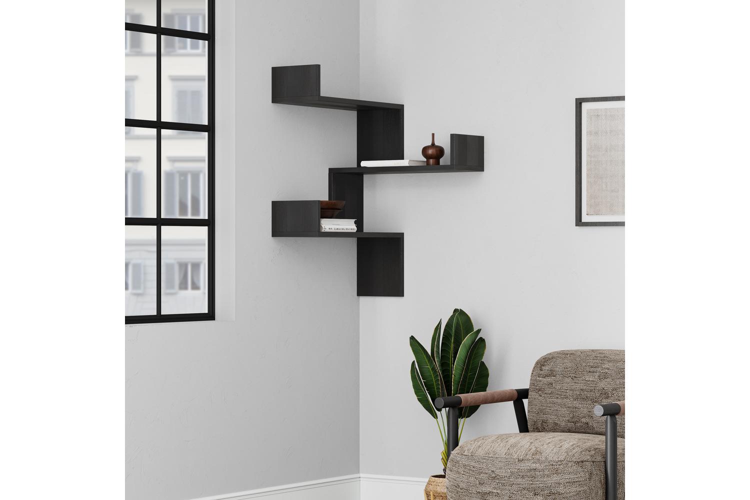 Decortie Luksa Wall Shelf Bookcase | Corner Zigzag Design | Black Wood | 60cm