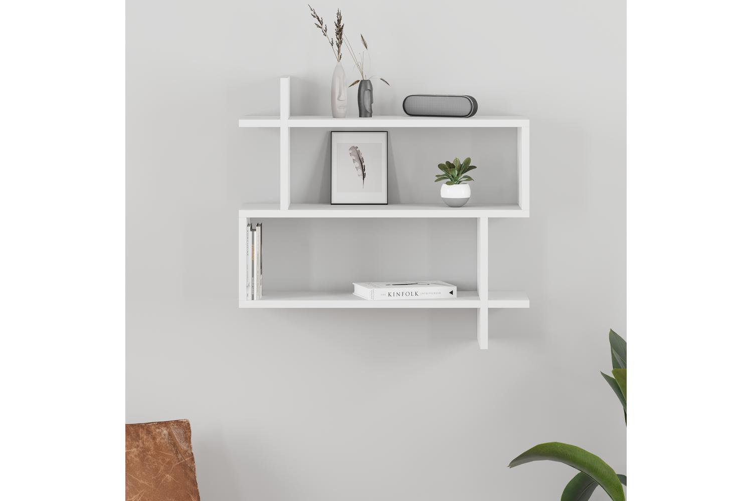 Decortie Paralel Wall Mounted Bookcase Display Unit | Engineered Wood | White | 70x22x66 Cm