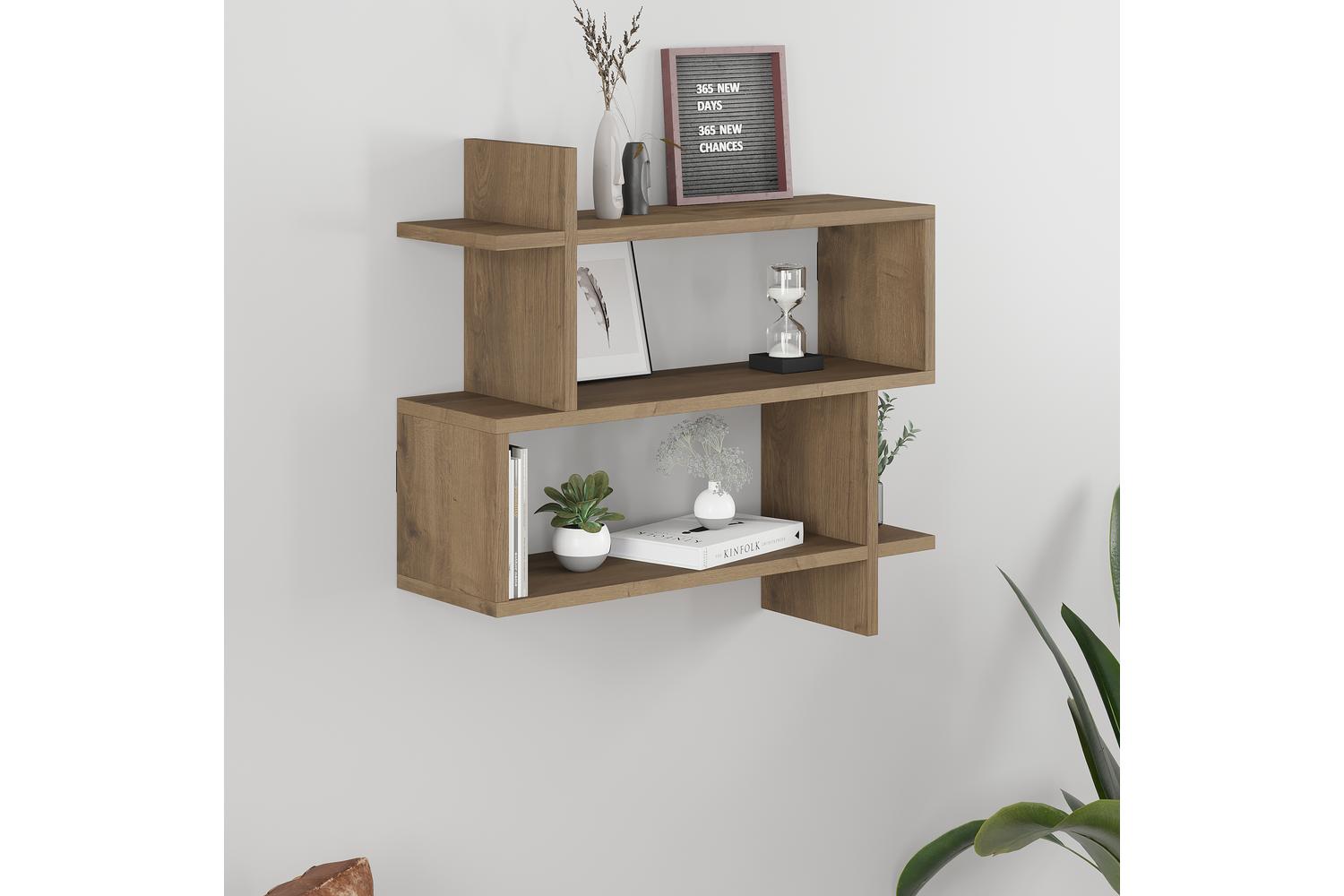Decortie Paralel Wall Mounted Bookcase | Display Unit | Engineered Wood | Dark Oak Effect | 70x22x66 Cm