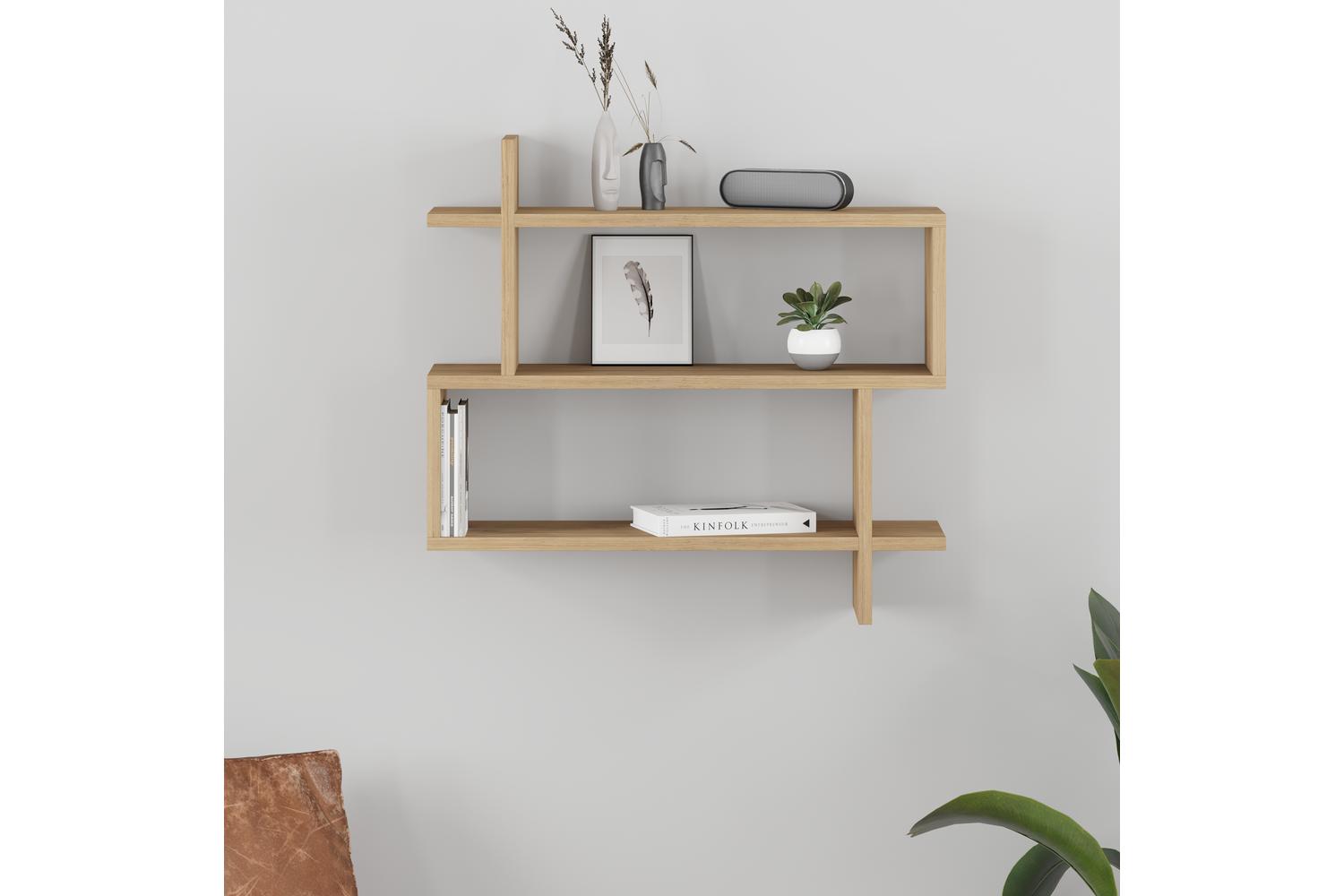 Decortie Paralel Wall Mounted Bookcase Display Unit | Engineered Wood | Oak | 70x22x66 Cm