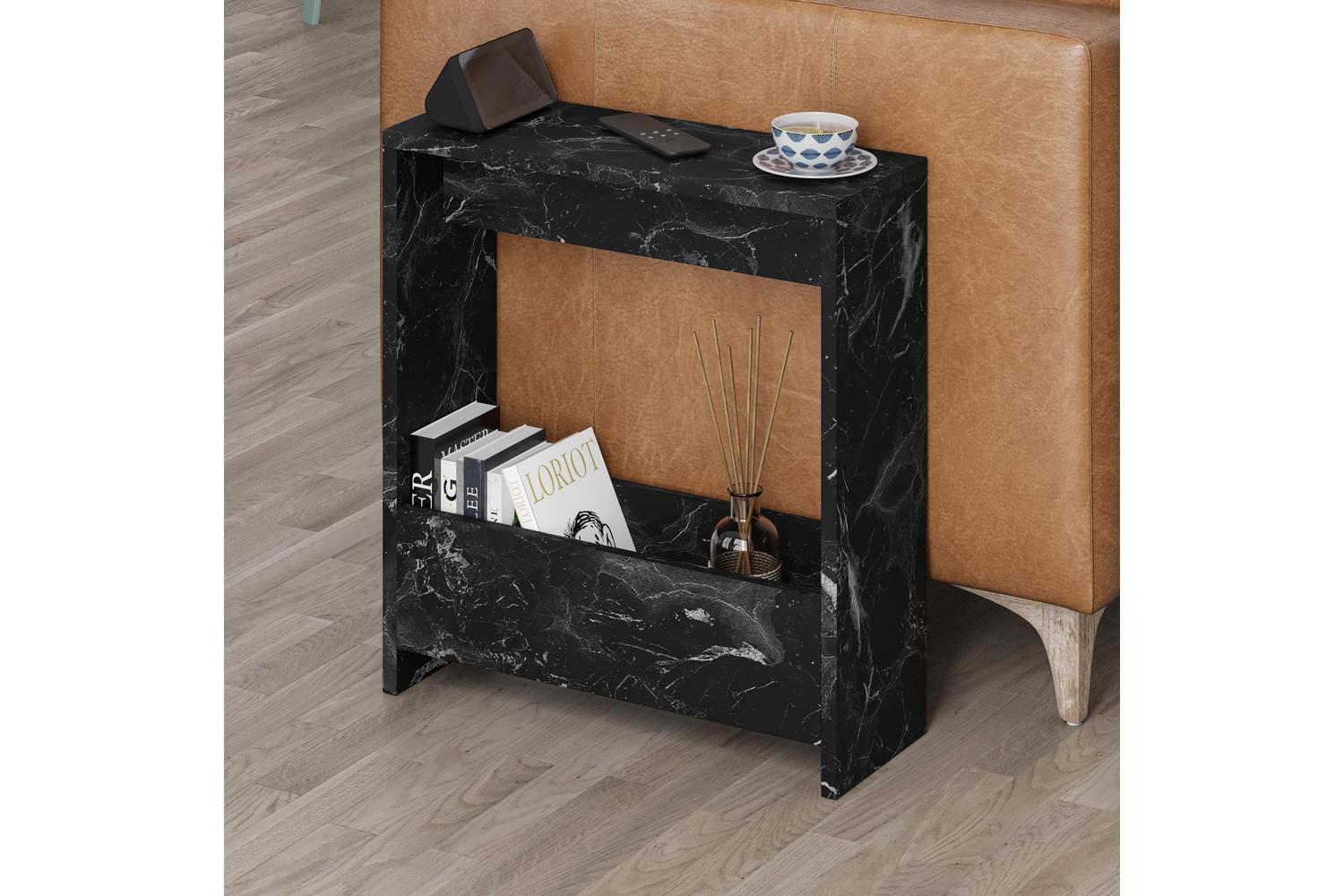 Decortie Simpi Modern Side End Table | Side Table | Gloss Black Marble Effect | 60cm