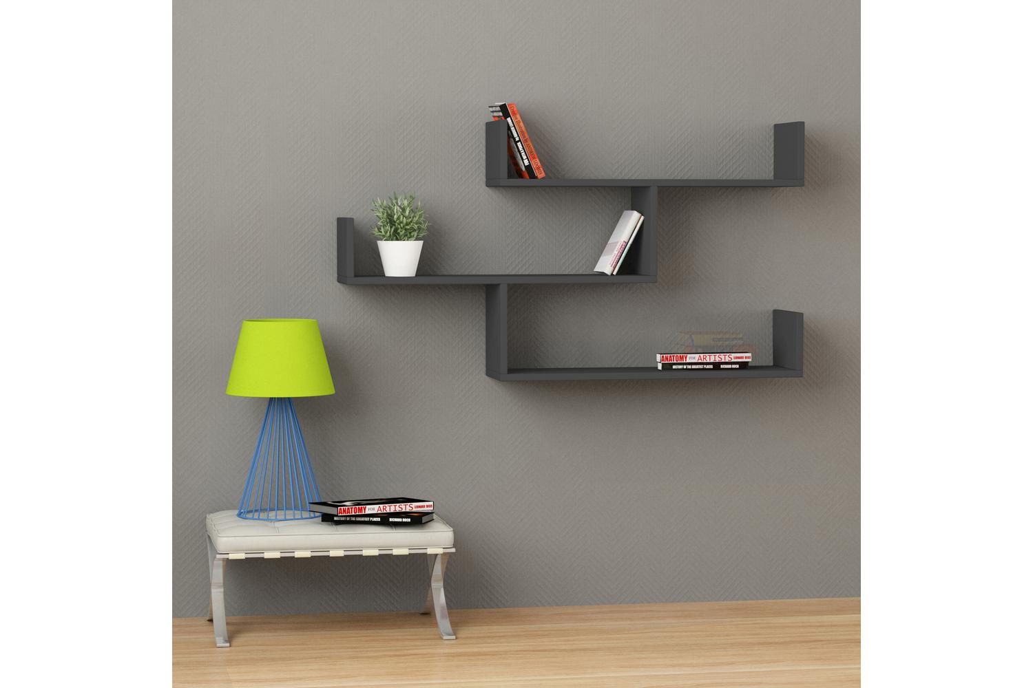 Decortie Tibet Wall Mounted Bookcase Display Unit | Anthracite Grey | 119cm Wide