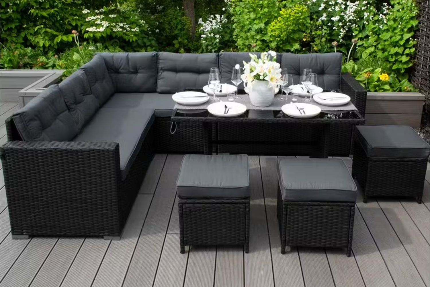 Monstershop Rattan Corner Sofa Set & Cushion Storage Box | Black/Grey