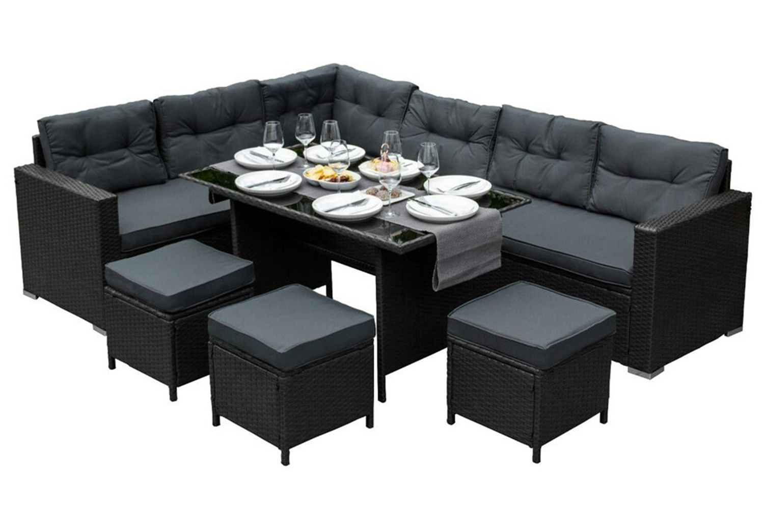 Monstershop Rattan Corner Sofa Set & Cushion Storage Box | Black/Grey
