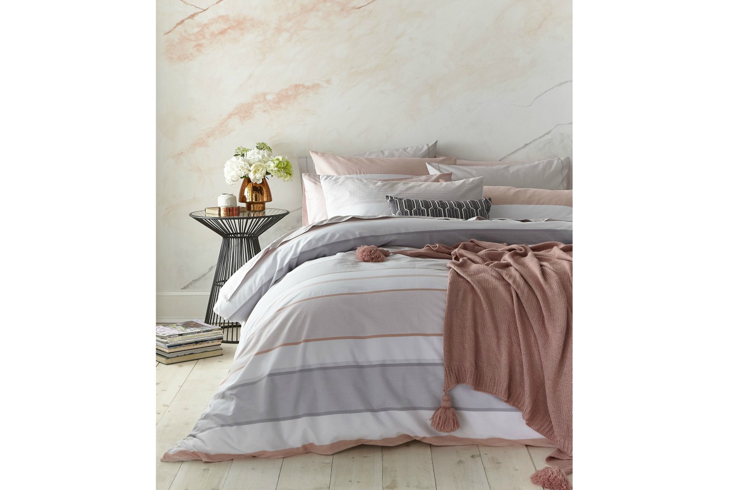 Blush Cotton Pink Grey Stripe Super King Duvet Cover Set Ireland