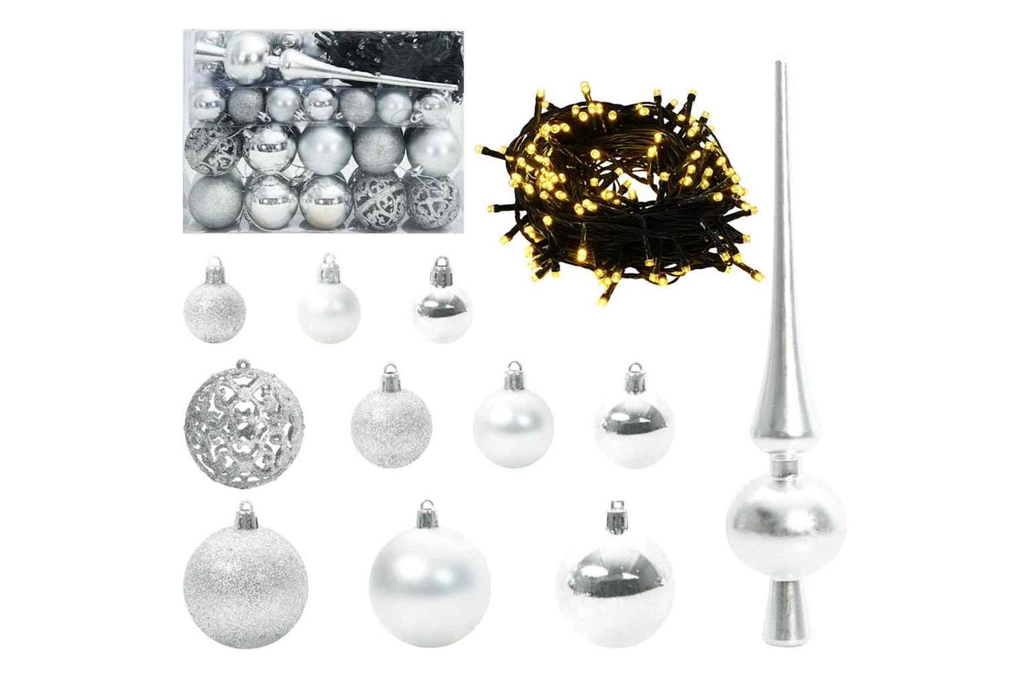 Vidaxl Christmas Bauble Set With 150 Leds 61 Pcs Silver Plastic