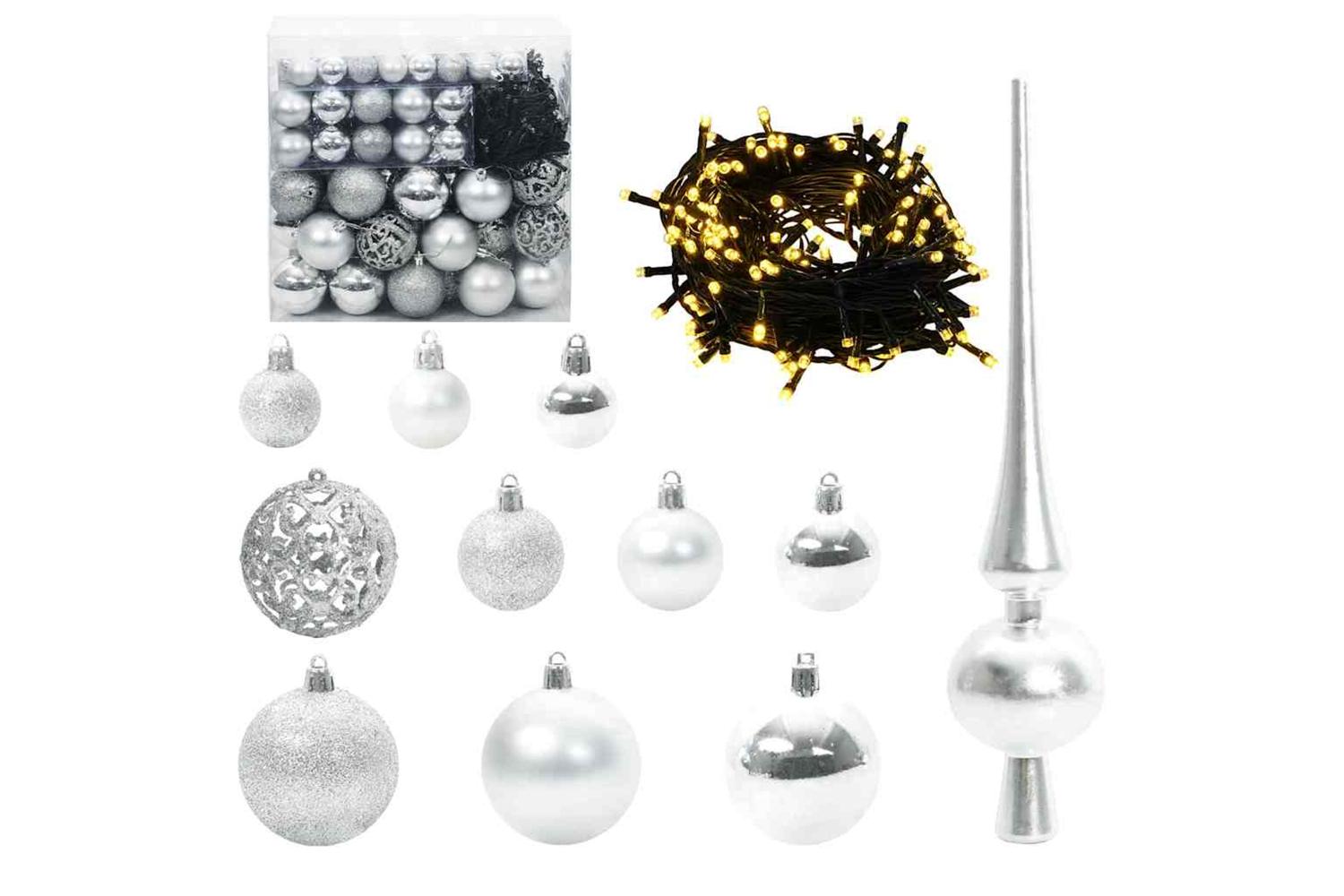Vidaxl Christmas Bauble Set With 300 Leds 120 Pcs Silver Plastic