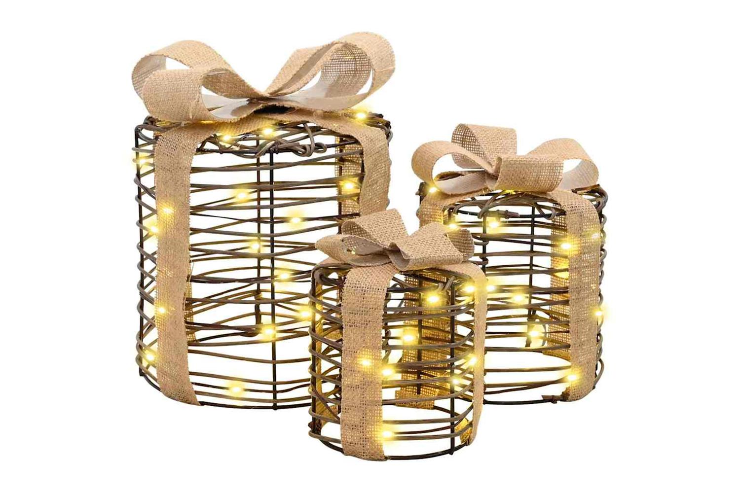 Vidaxl Gift Box Decoration 3 Pcs Warm White 20 X 20 X 20 Cm Rattan