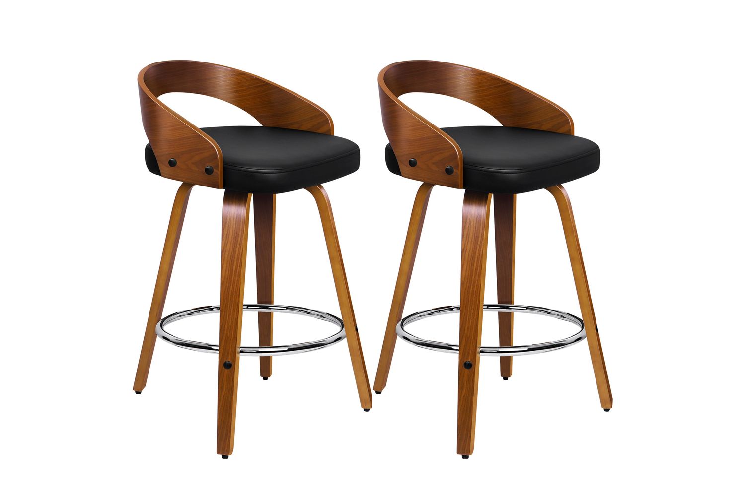 Bar Stools Set Of 2 | Swivel Pu Leather Upholstered | Wooden Legs | 64cm Counter Height | Black Brown
