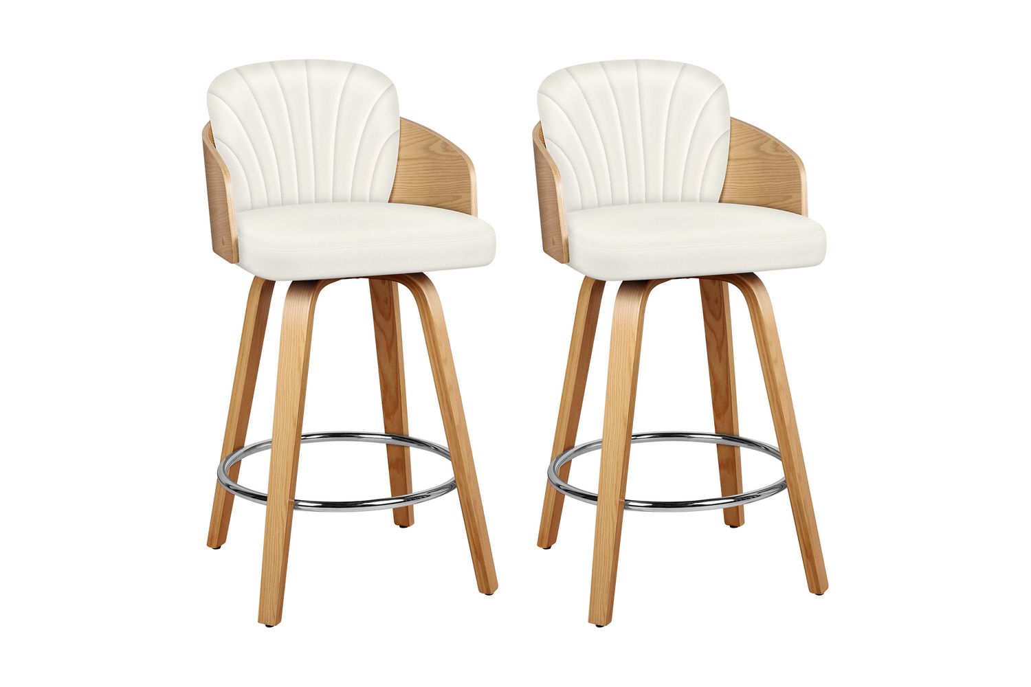 Bar Stools Set Of 2 | Swivel Barstools | Pu Leather Upholstered | 66cm Counter Height | White