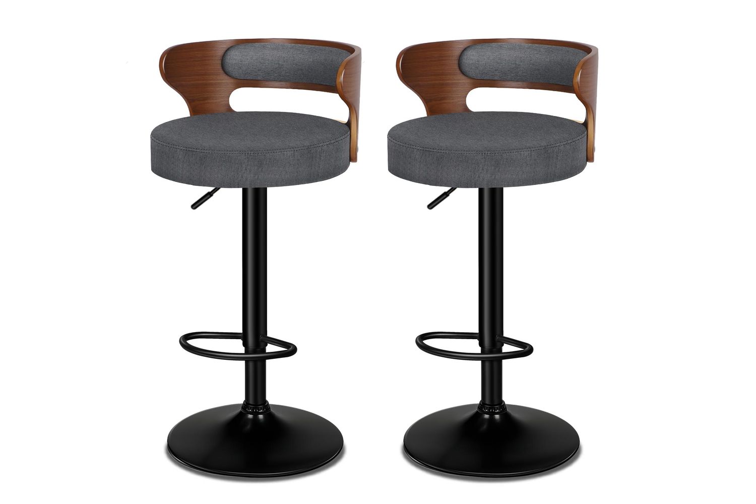 Bar Stools Set Of 2 | Linen Fabric | 360 Swivel Wooden Kitchen Chair With Backrest And Footrest | Grey