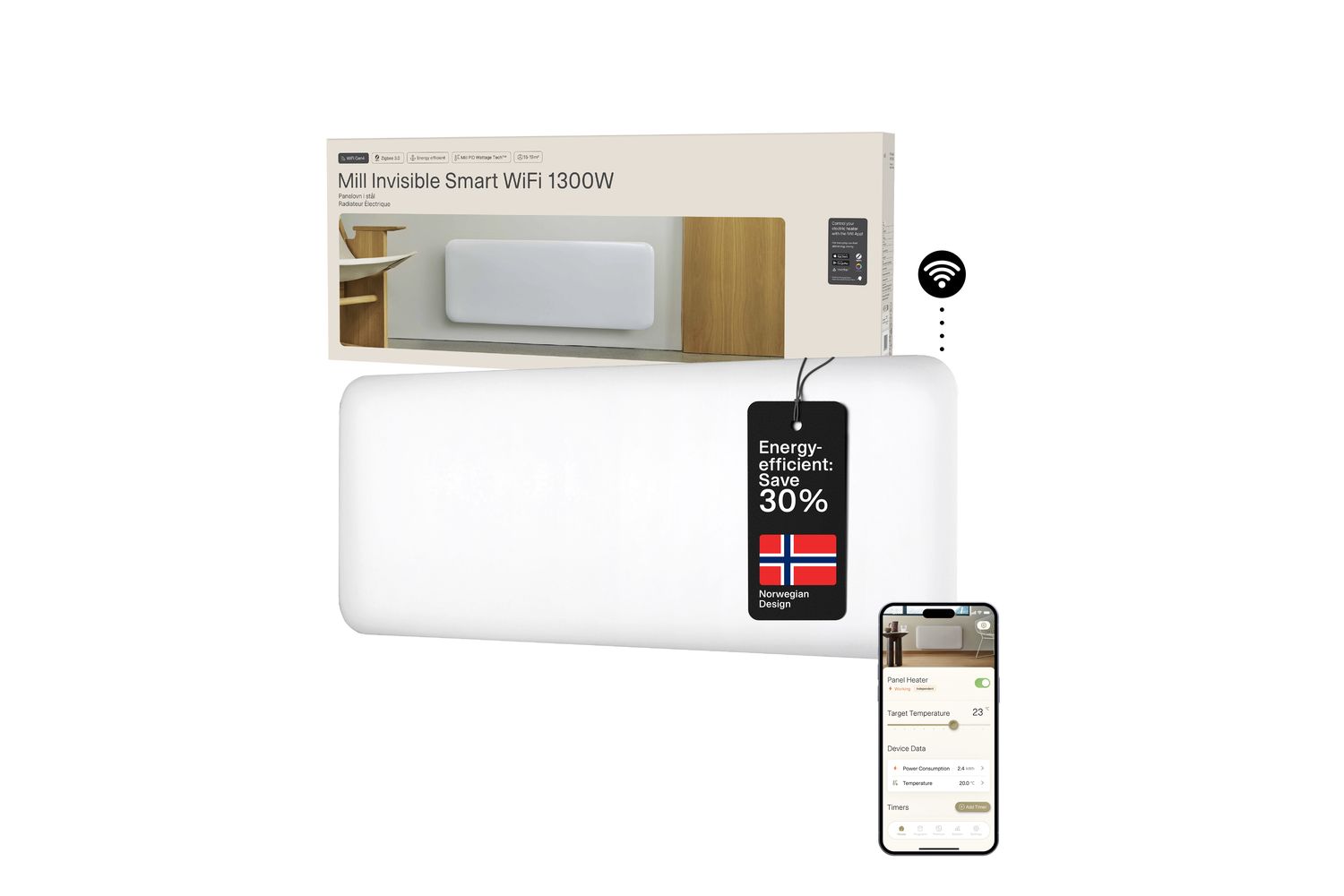 Mill 1300W Invisible Smart WiFi Panel Heater | 122-PA1300WIFI4 | White