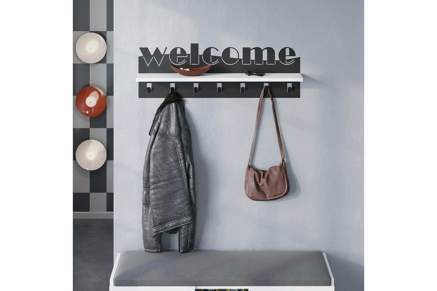 Decortie | Welcome Metal Wall Shelf Rack & Wall Hanger | Black | 86 x 26.8 cm