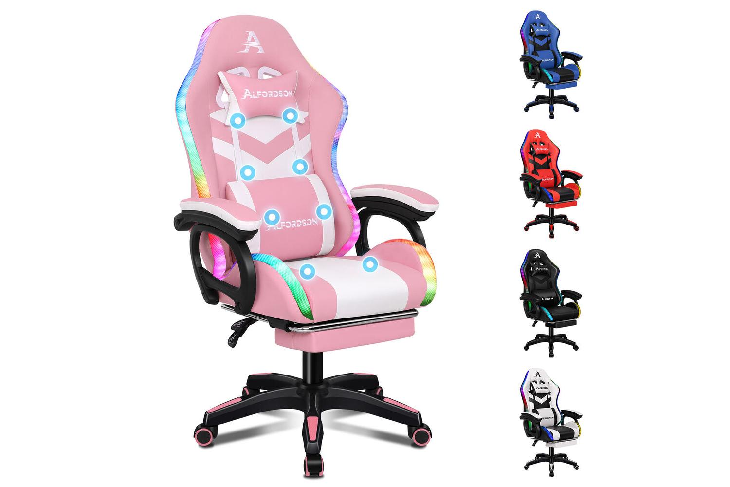 Alfordson Gaming Chair | Massage & Led | Faux Leather | Pink