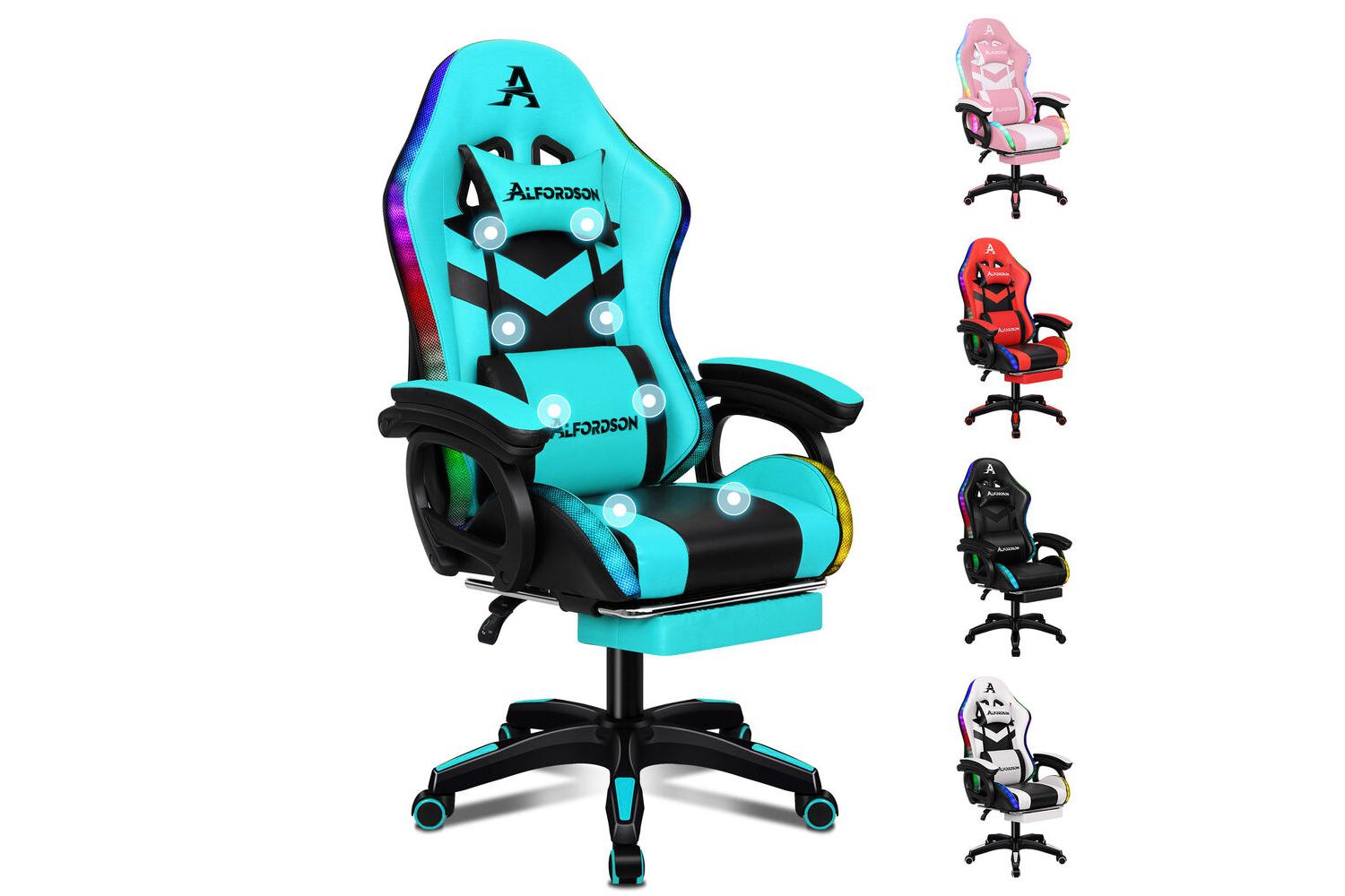 Alfordson Gaming Chair | 8-point Massage | Rgb Led Light | Faux Leather | Cyan