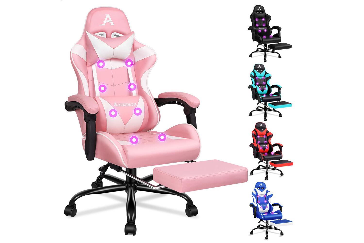 Alfordson Gamer Massage Chair | Racing Style Office Chair | Pu Leather | Pink